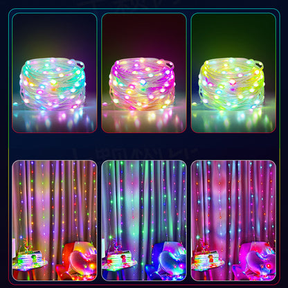 Bluetooth control RGB LED string lights in various colors, used as vertical curtain holiday decorations