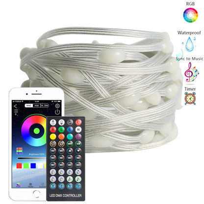 Coiled waterproof RGB LED string lights with Bluetooth app and remote control, music sync, timer feature