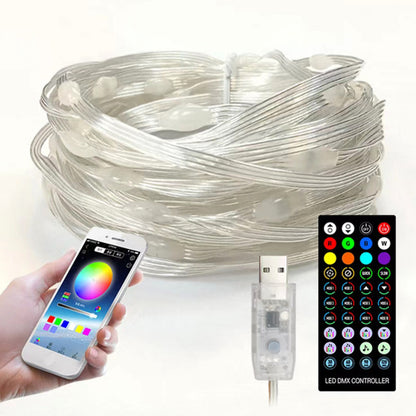 Coiled waterproof RGB LED string lights with USB plug, remote control, and smartphone app color wheel