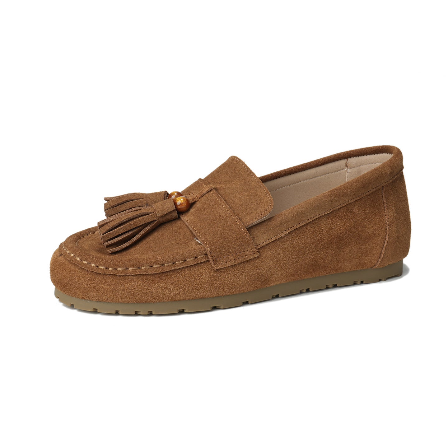 Brown women's suede tassel flat shoe with wooden bead detail and rubber sole