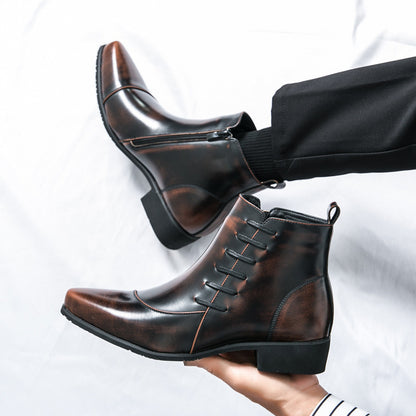 stylish men's brown leather Chelsea boots with zipper and decorative laces, worn with black pants