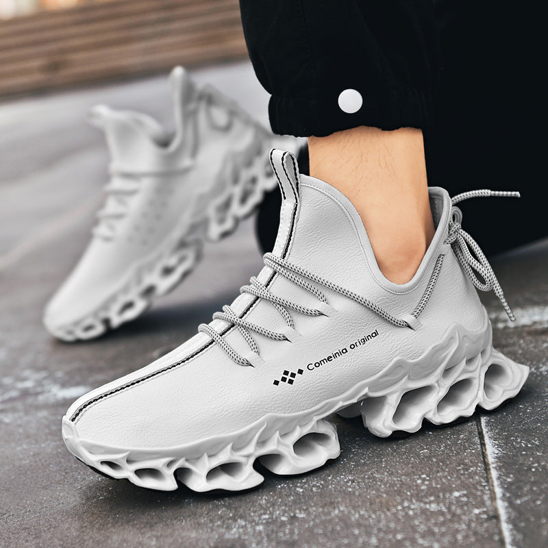 white high-top men's sneakers with unique hollow sole and Comeinia original branding