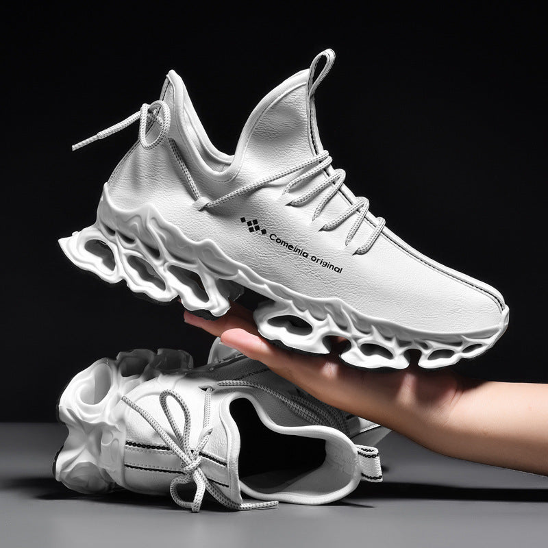 white futuristic athletic sneakers with unique hollowed sole design and lace-up closure