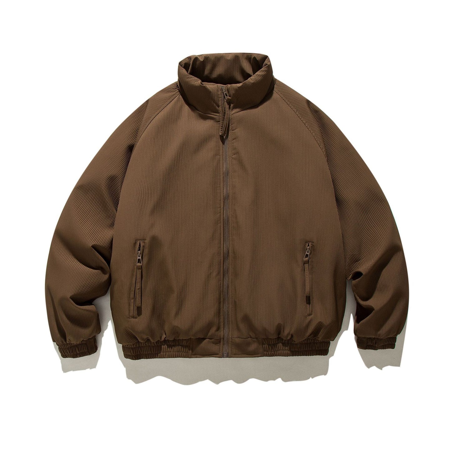 Unisex brown cotton padded jacket with zipper pockets and elastic cuffs