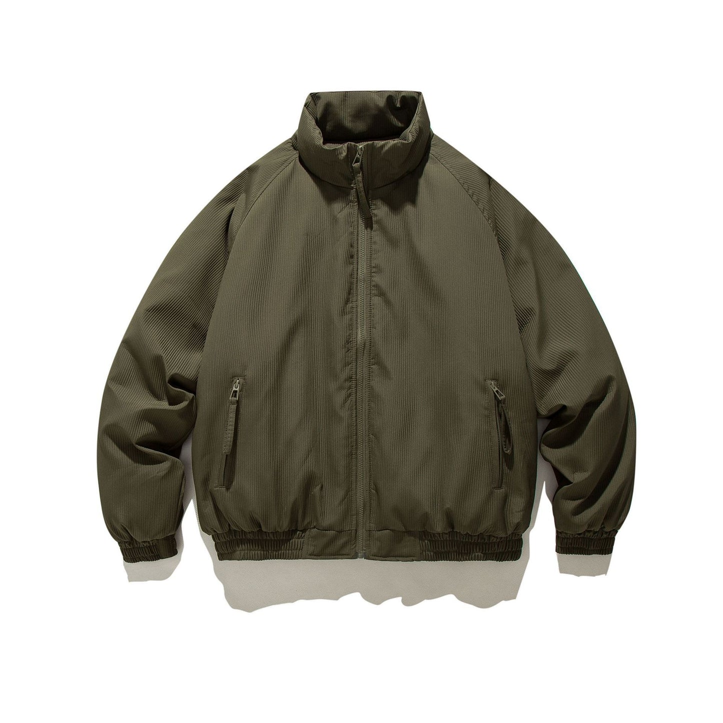 Unisex loose fit brown cotton padded jacket with zippered pockets and high collar