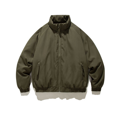 Unisex loose fit brown cotton padded jacket with zippered pockets and high collar