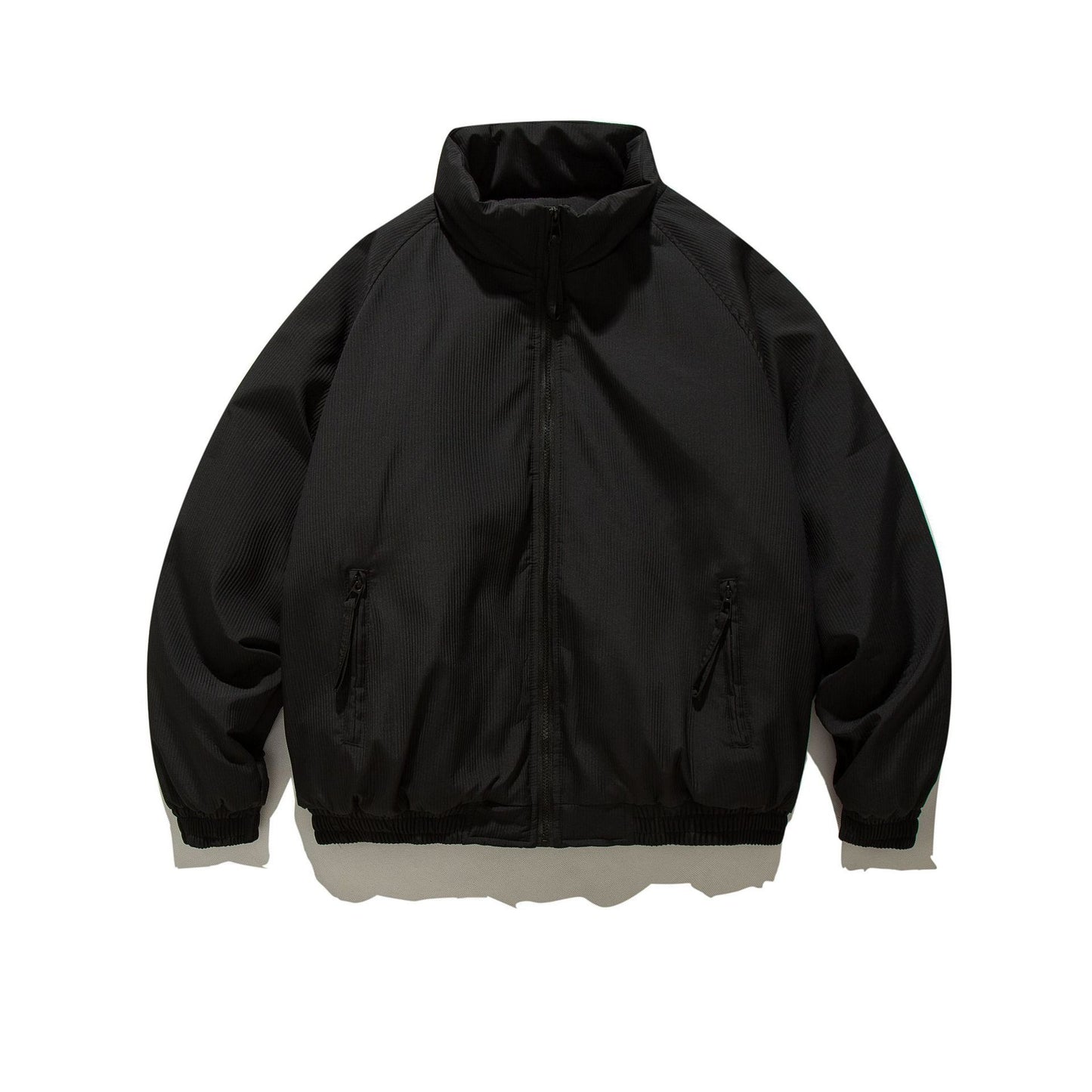 Black cotton padded unisex jacket with zipper pockets and elastic cuffs on white background