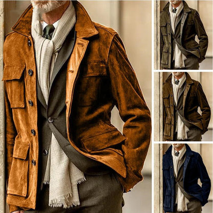 Men's suede casual lapel jacket with pocket details in brown, olive, and navy blue, styled with scarf and suit.