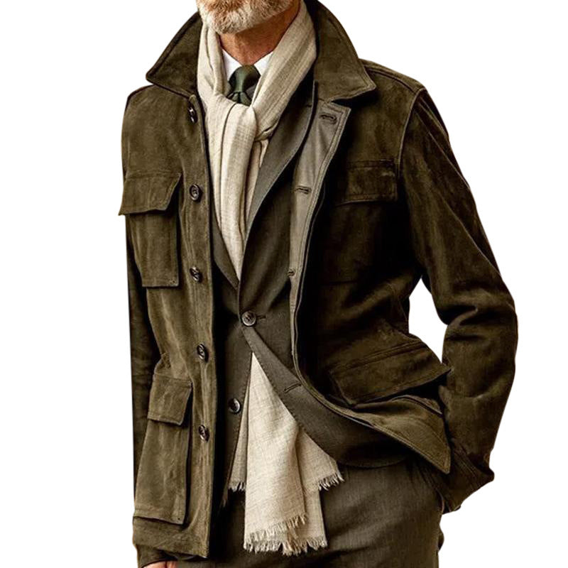 brown men's suede jacket with lapel collar and multiple pockets, styled with light scarf and suit