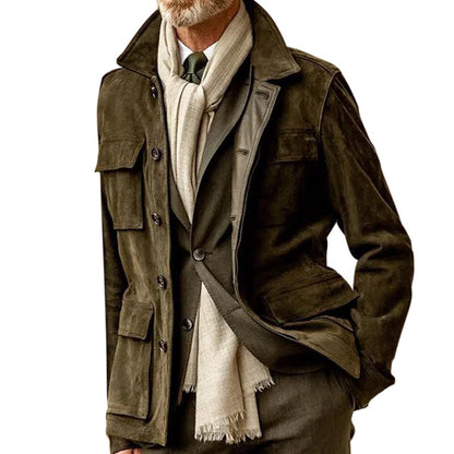 brown men's suede jacket with lapel collar and multiple pockets, styled with light scarf and suit