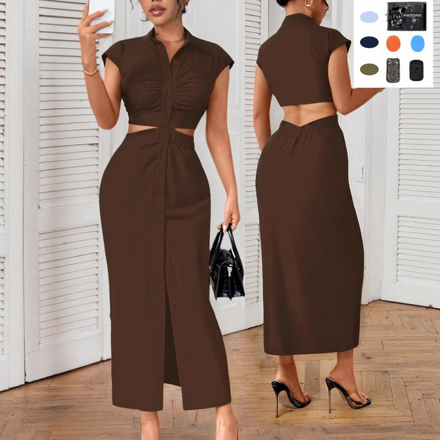 Woman in elegant brown two-piece dress with long backless skirt and button-up front in indoor setting