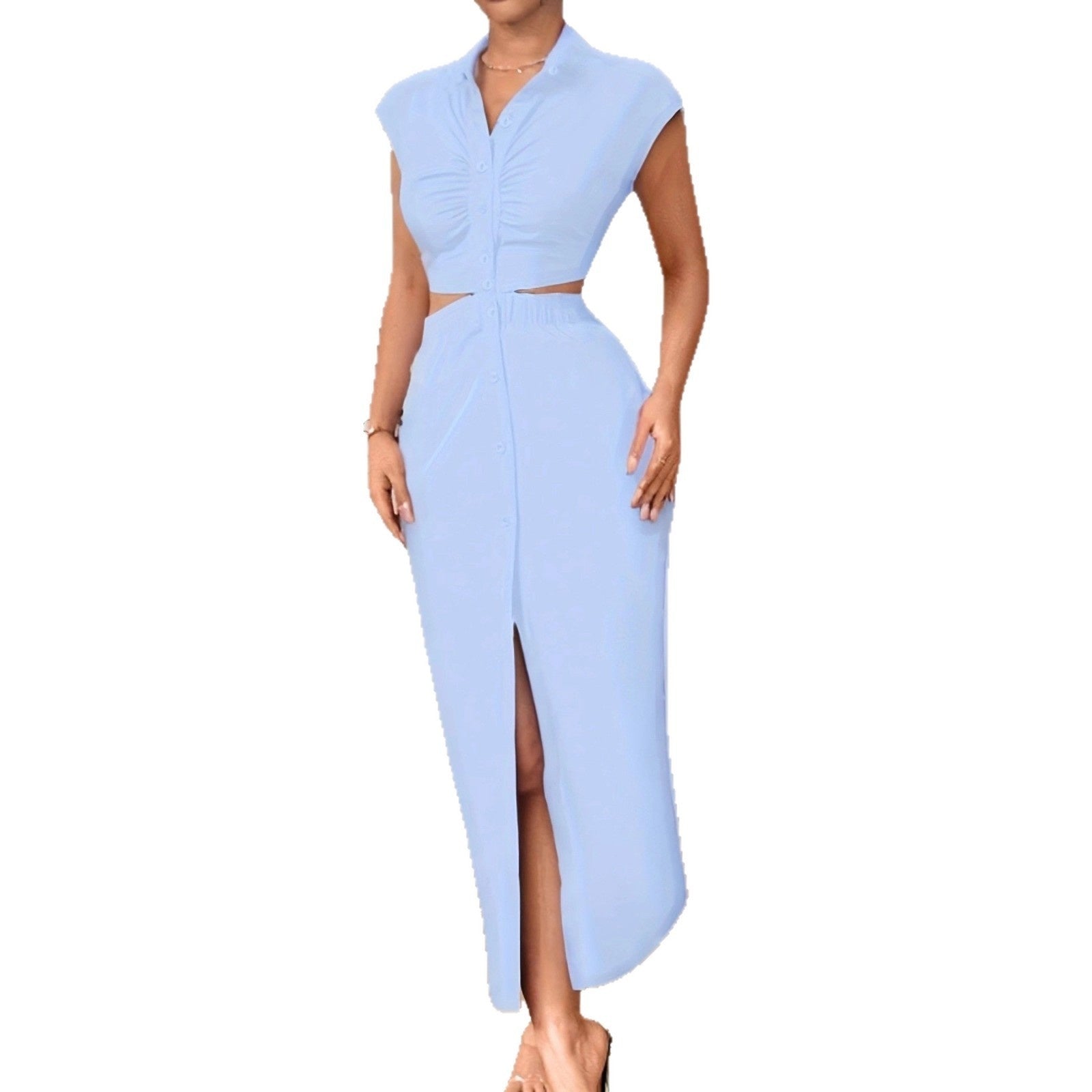 Woman wearing light blue elegant two-piece midi dress with front slit and cut-out waist