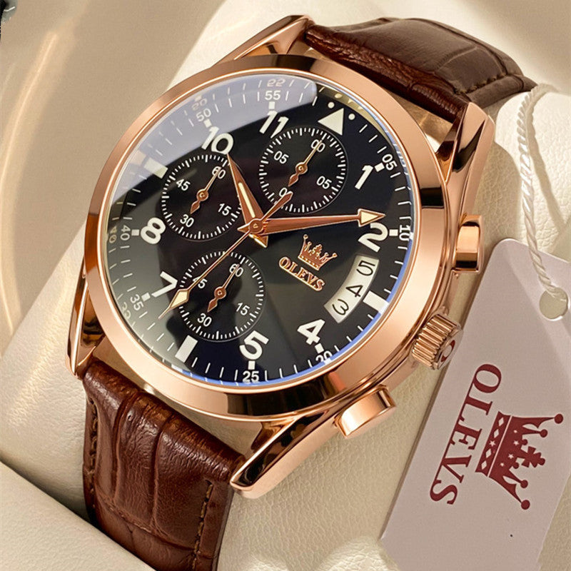 Rose gold men's quartz watch with black dial, brown leather strap, luminous hands, calendar display