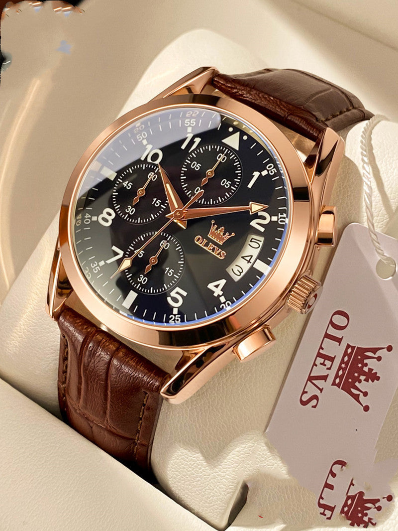 OLEVS men's quartz watch with black dial, rose gold case, brown leather strap, luminous hands, and calendar