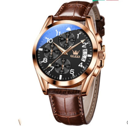 OLEVS men's quartz watch with rose gold case, black dial, luminous hands, calendar, brown leather strap