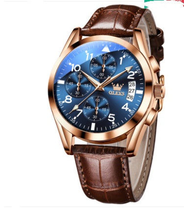 OLEVS men's quartz watch with rose gold case, blue luminous dial, brown leather strap, date and chronograph