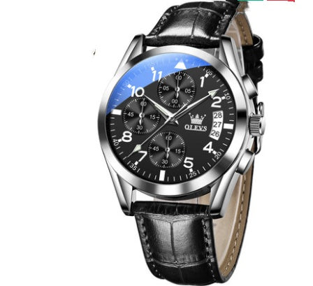 Black leather strap men's quartz watch with luminous black dial, calendar, and chronograph subdials