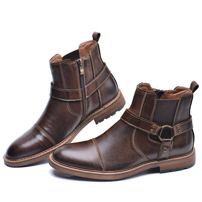 Men's brown genuine leather ankle boots with side zipper and strap detail, comfortable winter footwear