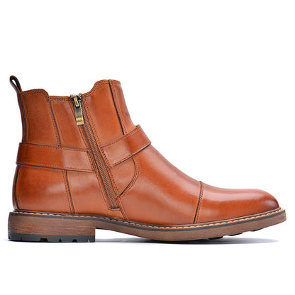 Brown men's leather ankle boots with side zipper, strap detail, and durable sole