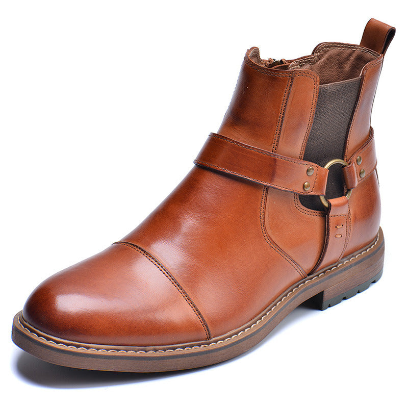 Men's brown leather ankle boot with side zipper, decorative strap, and rugged sole