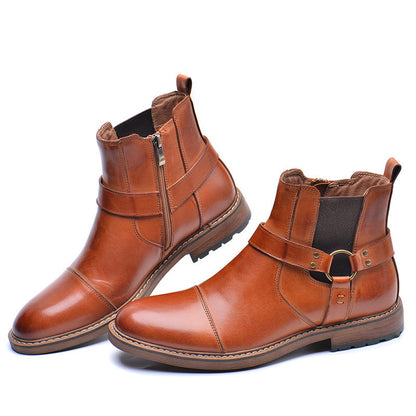 Brown leather men's Martin boots with side zipper and decorative strap, winter footwear