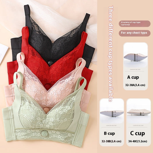 Stack of lace bubble lace push up bras in black, red, blush, and green, adjustable fit, three cup types