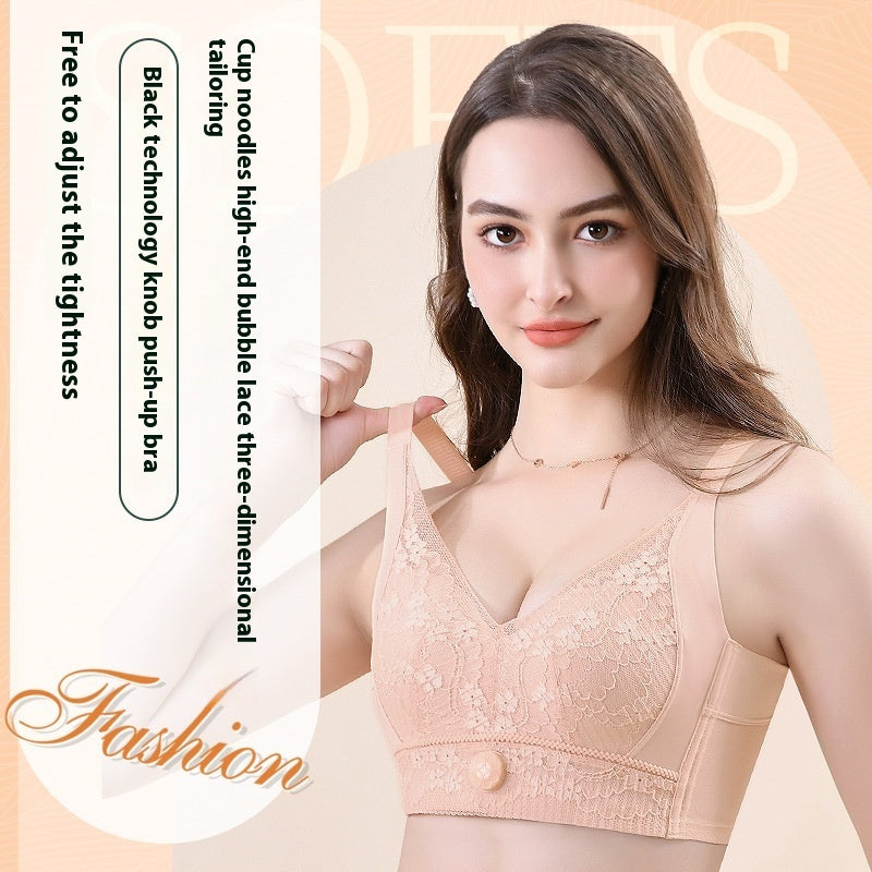 Woman wearing peach lace bubble lace push-up bra with adjustable straps and black technology knob