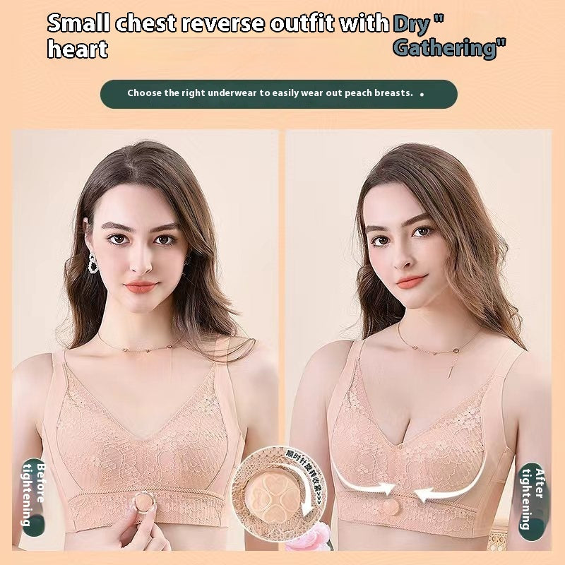 Woman wearing peach lace push-up bra before and after tightening for small chest support