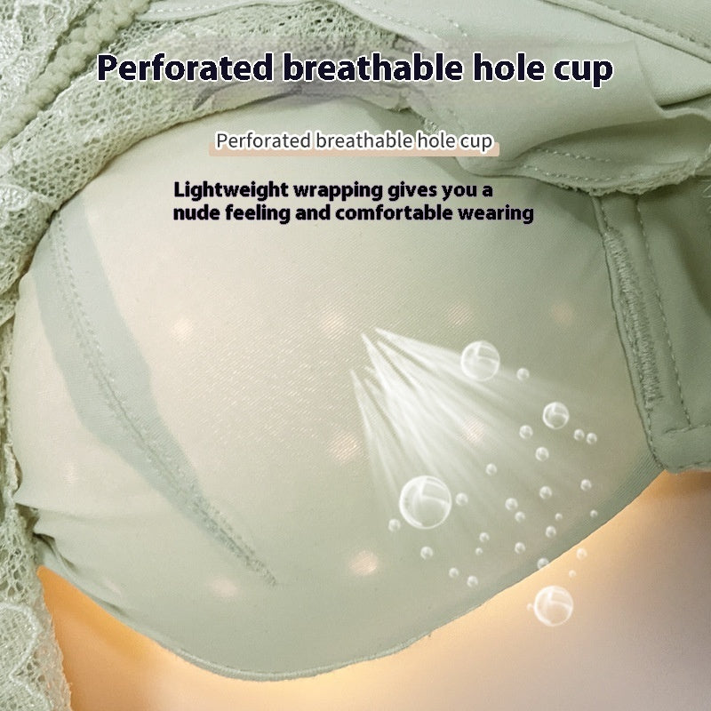 Close-up of perforated breathable hole cup on lace push-up bra, highlighting lightweight comfort