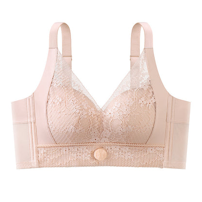 Beige lace push-up bra with adjustable straps and decorative button on band