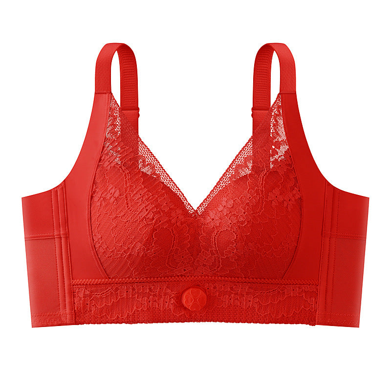 Red lace push-up bra with adjustable straps and decorative button detail