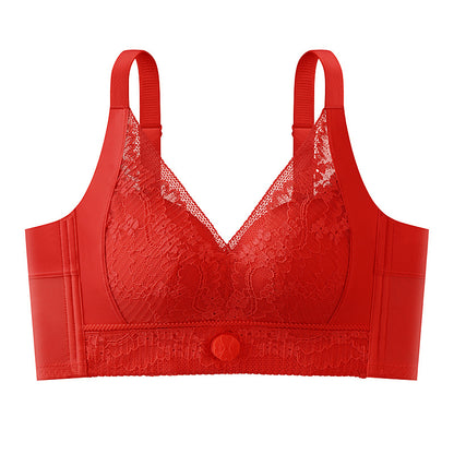 Red lace push-up bra with adjustable straps and decorative button detail