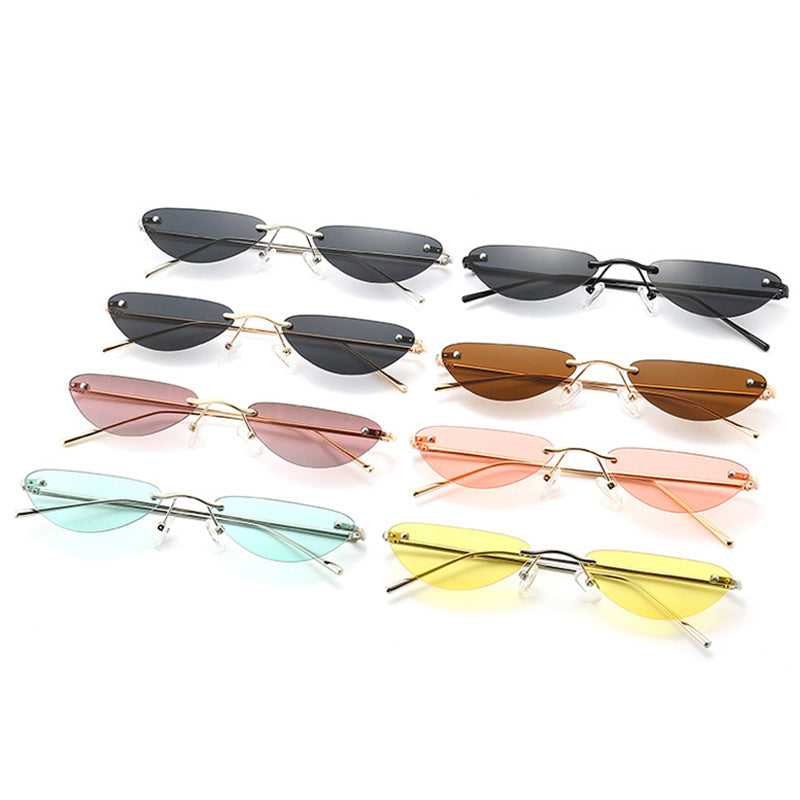 Eight pairs of narrow retro cat eye sunglasses in various colors with plastic alloy frames on white background