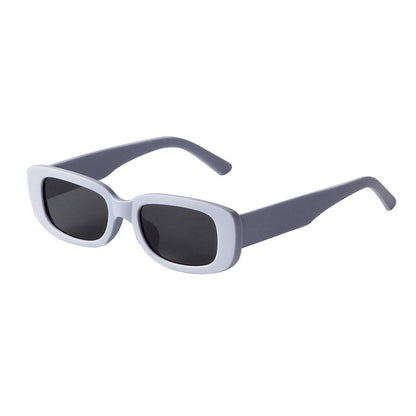 Rectangular black lens sunglasses with white frame and gray arms, lightweight fashion eyewear