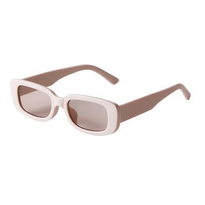 Rectangular beige fashion sunglasses with brown tinted lenses and a chunky frame