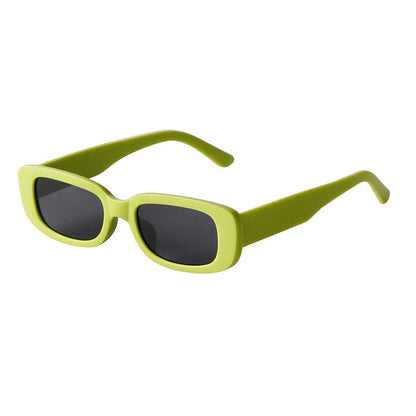 Lightweight rectangular green sunglasses with black lenses and UV protection