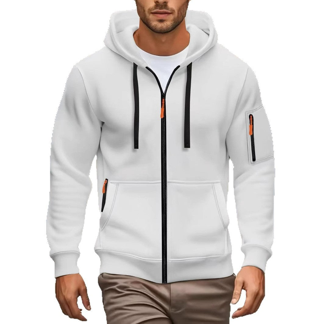Men's white full-zip hoodie with black drawstrings and orange zipper accents, casual fall fashion