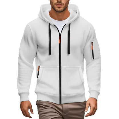 Men's white full-zip hoodie with black drawstrings and orange zipper accents, casual fall fashion