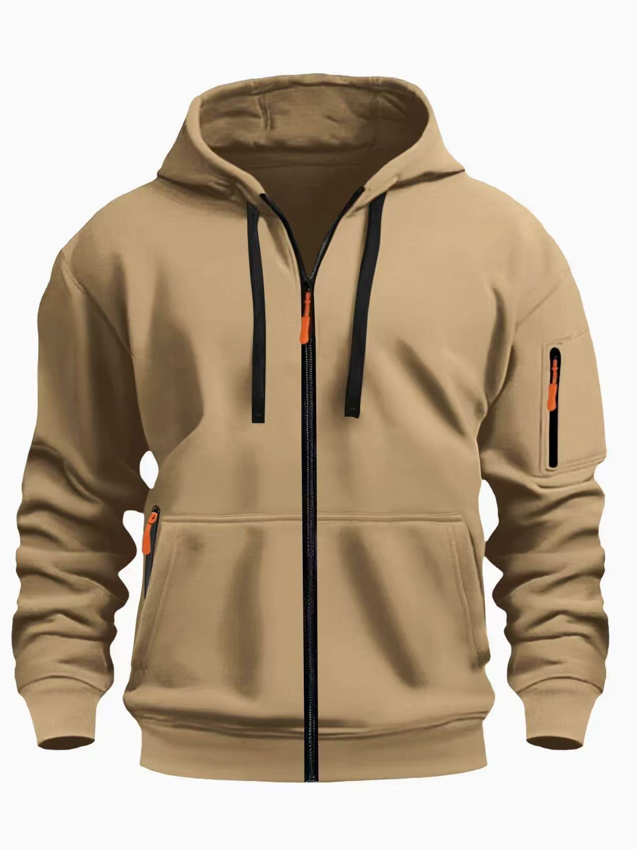 camel men's zip-up hoodie with black drawstrings and orange zipper pulls, cozy fall sweatshirt