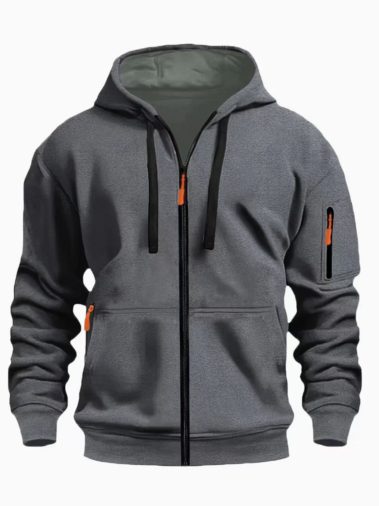Men's gray fleece zip-up hoodie with black drawstrings and orange zipper pulls