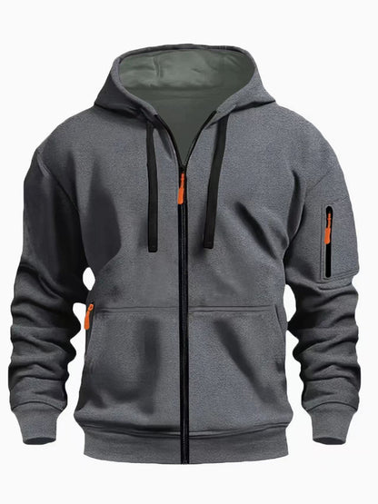 Men's gray fleece zip-up hoodie with black drawstrings and orange zipper pulls