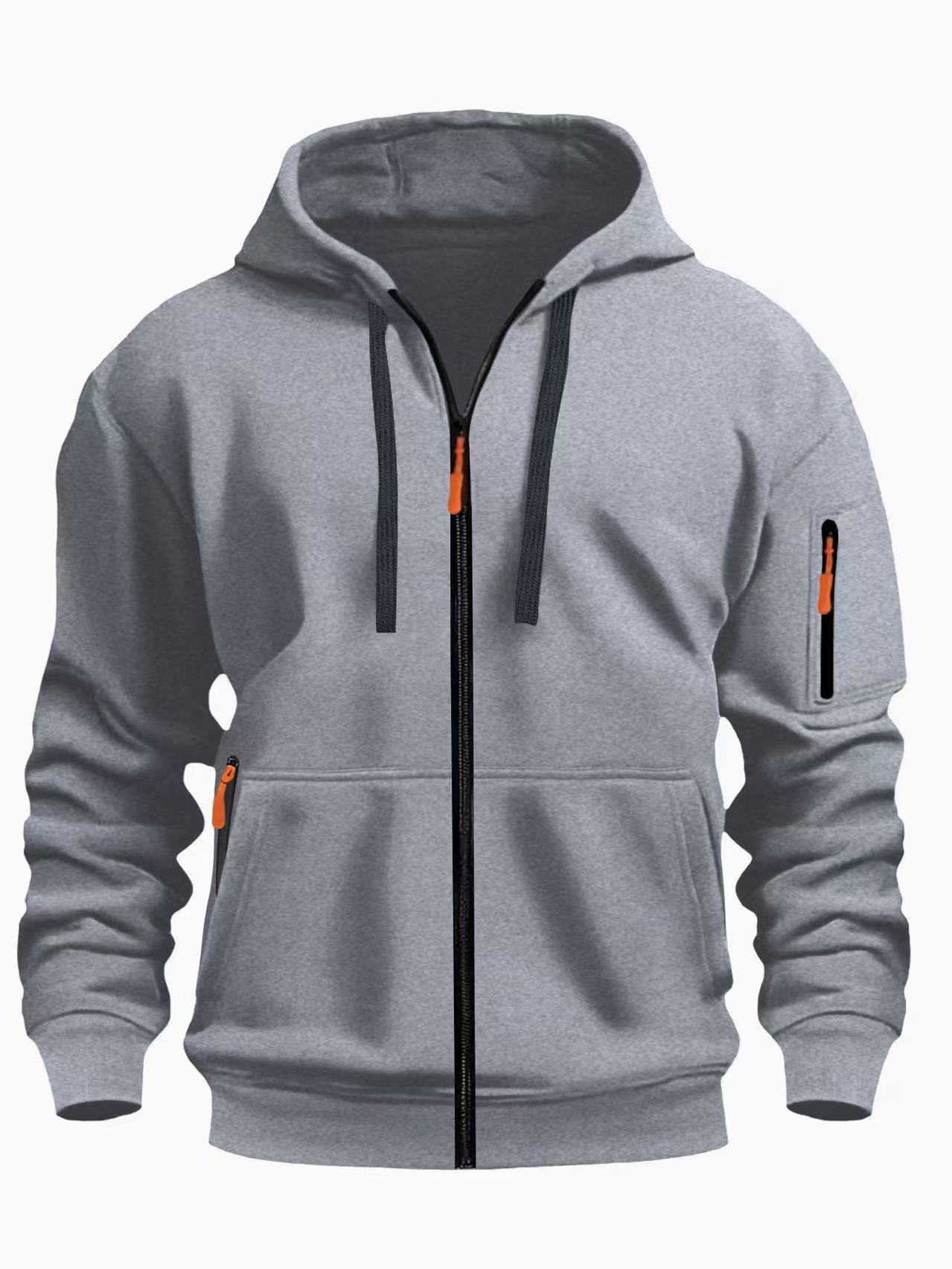 Gray men's zip-up hoodie with black zipper and orange zipper pulls, front pockets, and attached hood