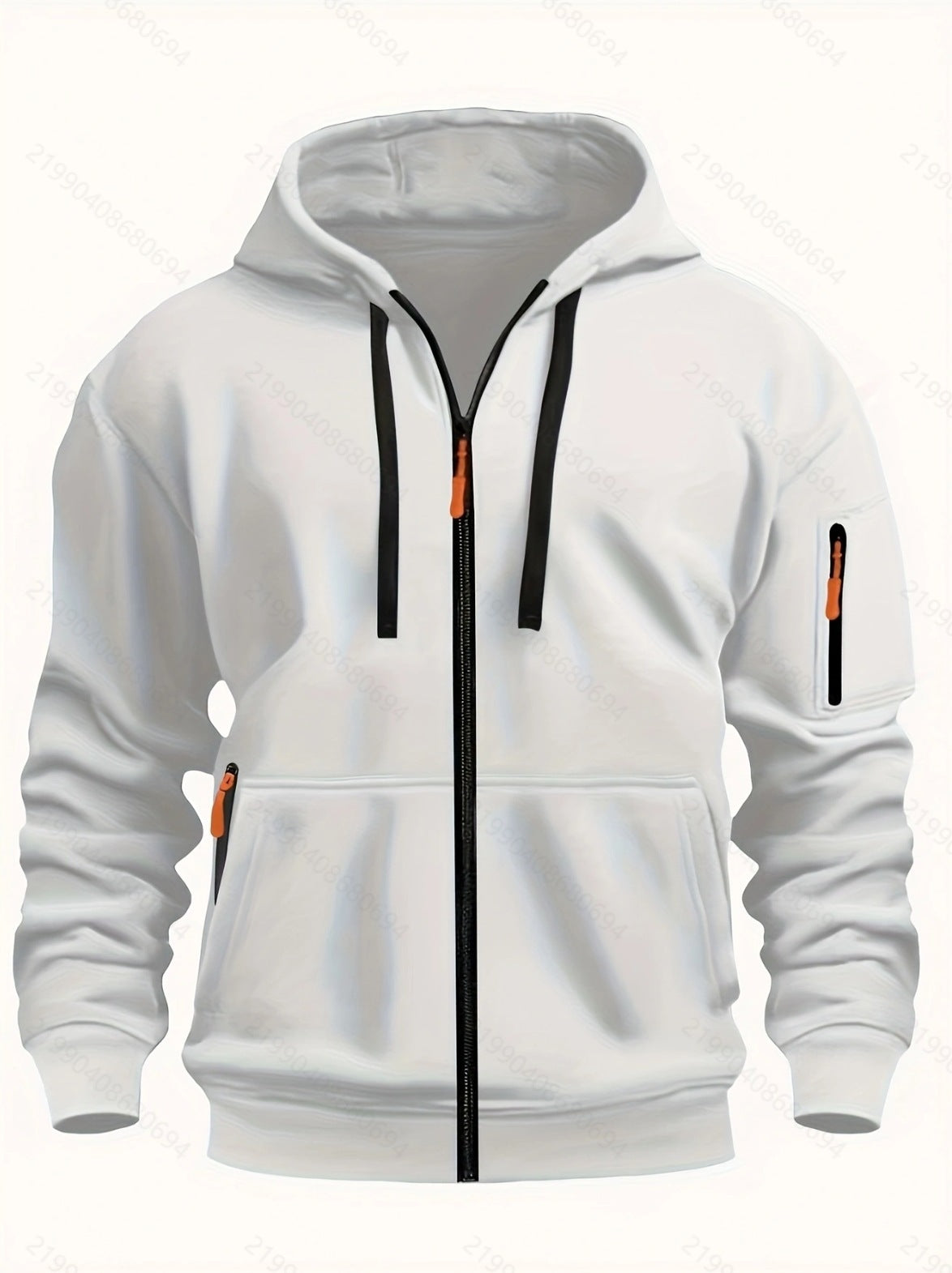 White men's zip-up hoodie with black drawstrings and orange zipper pulls, featuring front pockets and sleeve pocket