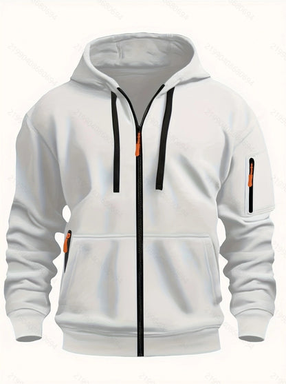 White men's zip-up hoodie with black drawstrings and orange zipper pulls, featuring front pockets and sleeve pocket