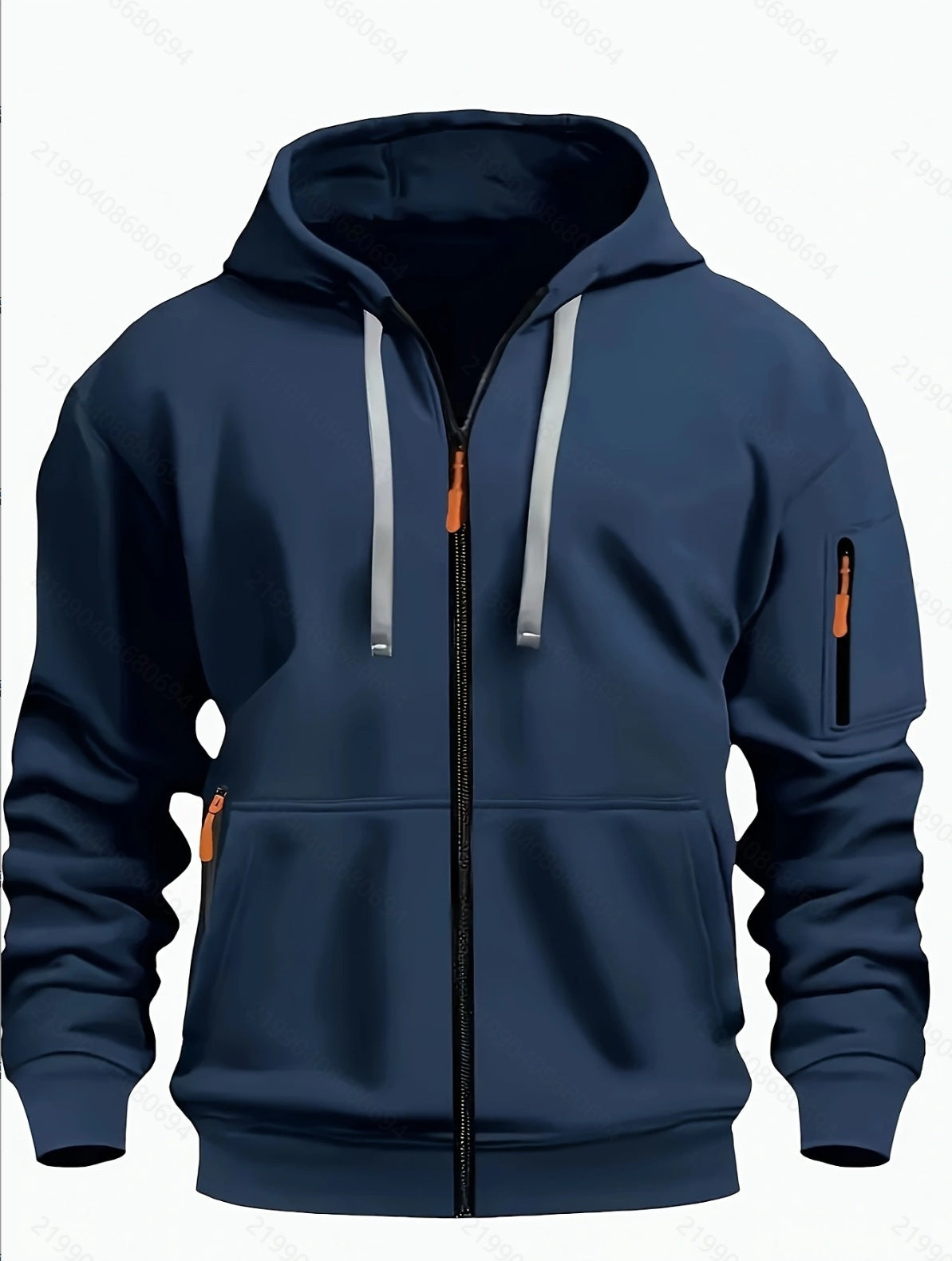 Men's navy blue full-zip hoodie with white drawstrings and orange zipper pulls