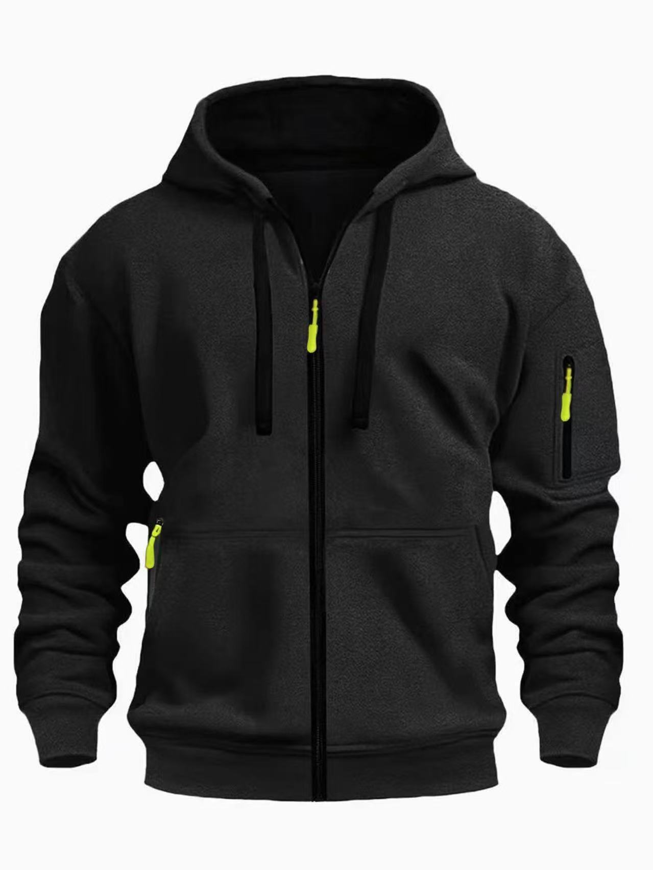 black men's fleece zip-up hoodie with neon yellow zipper pulls and front and sleeve pockets