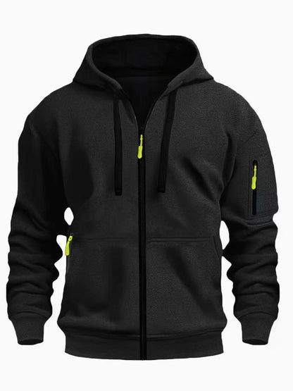 black men's fleece zip-up hoodie with neon yellow zipper pulls and front and sleeve pockets