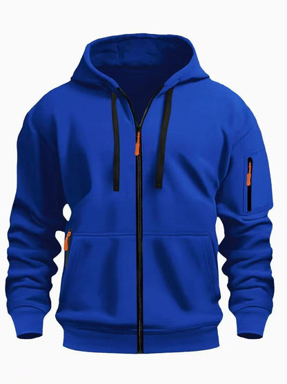 Men's royal blue zip-up hoodie with black drawstrings and orange zipper pulls