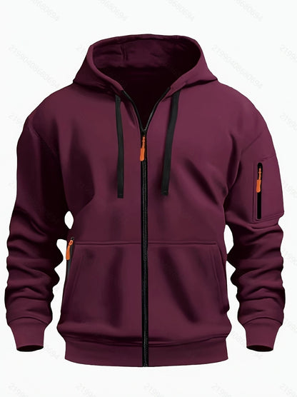 Men's burgundy zip-up hoodie with black drawstrings, orange zipper pulls, and pockets