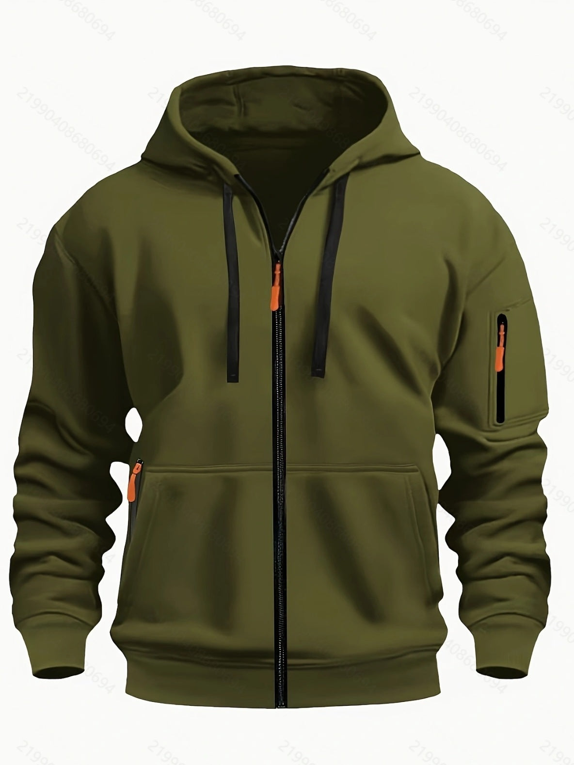 Men's olive green zip-up hoodie with black drawstrings and orange zipper pulls, cozy casual sweatshirt